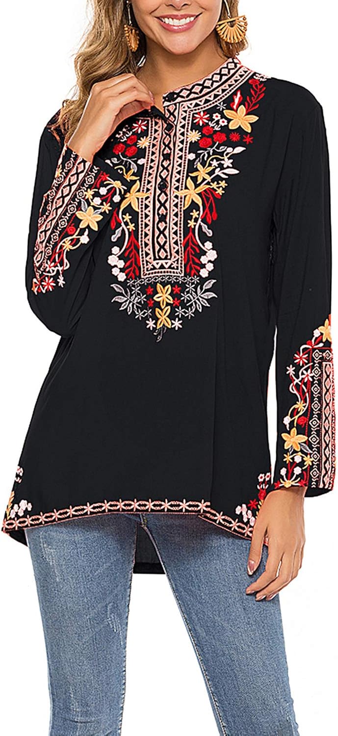 JNIFULI Women's Embroidered Tops Long Sleeve O Neck Casual Loose