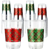 100 Pcs Christmas Plastic Cups 16 oz Xmas Red and Green Plaid Disposable Plastic Cups Christmas Clear Cocktail Glasses for Wedding Winter Candy Beverage Juice Drinking Snacks Coffee Party Supplies