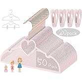 Pink Heart Velvet Baby Hangers - 50pack 13inch Toddler Hangers with 20pcs Clips, Premium Velvet Strong and Durable Baby Clothes Hangers Without Slipping, Ultra Slim and Stackable Space Saving