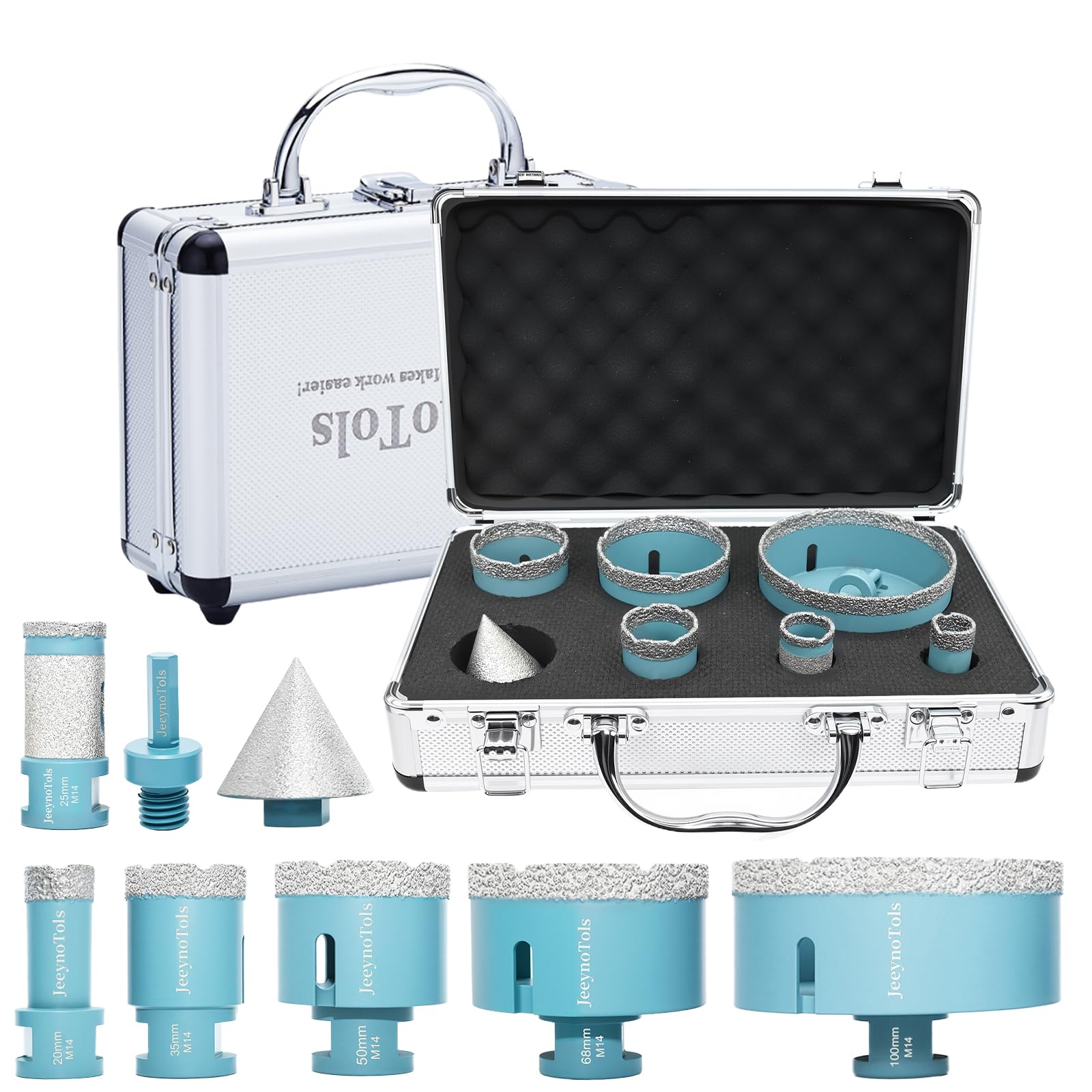 JeeynoTols Diamond Core Drill Bit Kit - 8pcs(20/35/50/68/100mm Drill Bits+25mm Drill Milling bit+50mm Beveling Chamfer Bit+HEX Adapter) for Ceramic,Tile,Marble,Porcelain with M14 thread