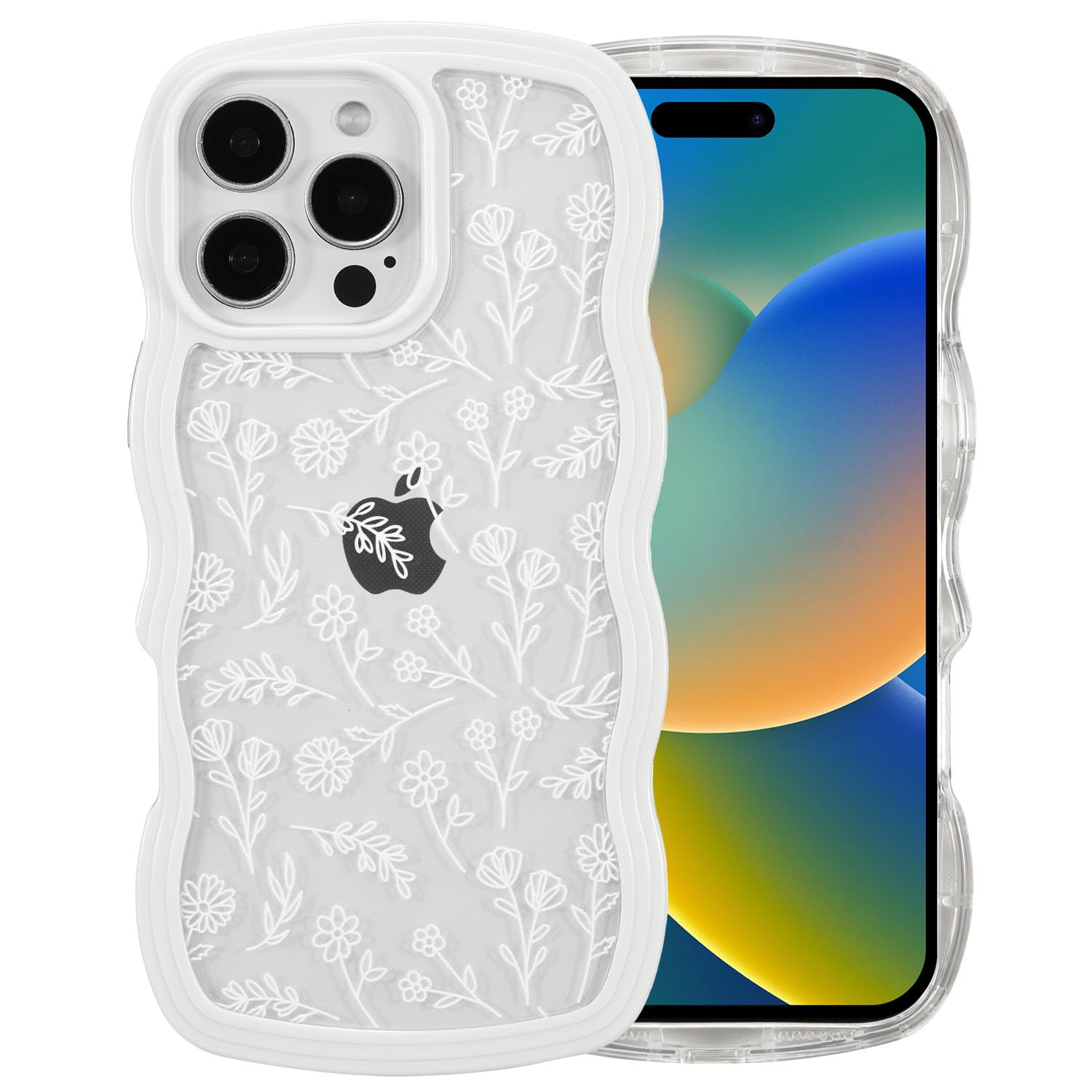 QLTYPRI Case for iPhone 16 Pro Max, Cute Curly Wave Frame Clear Case for Girls Women, Flower Clear TPU Bumper Soft Silicone Shockproof Protective Phone Cover for iPhone 16 Pro Max - White Floral/White