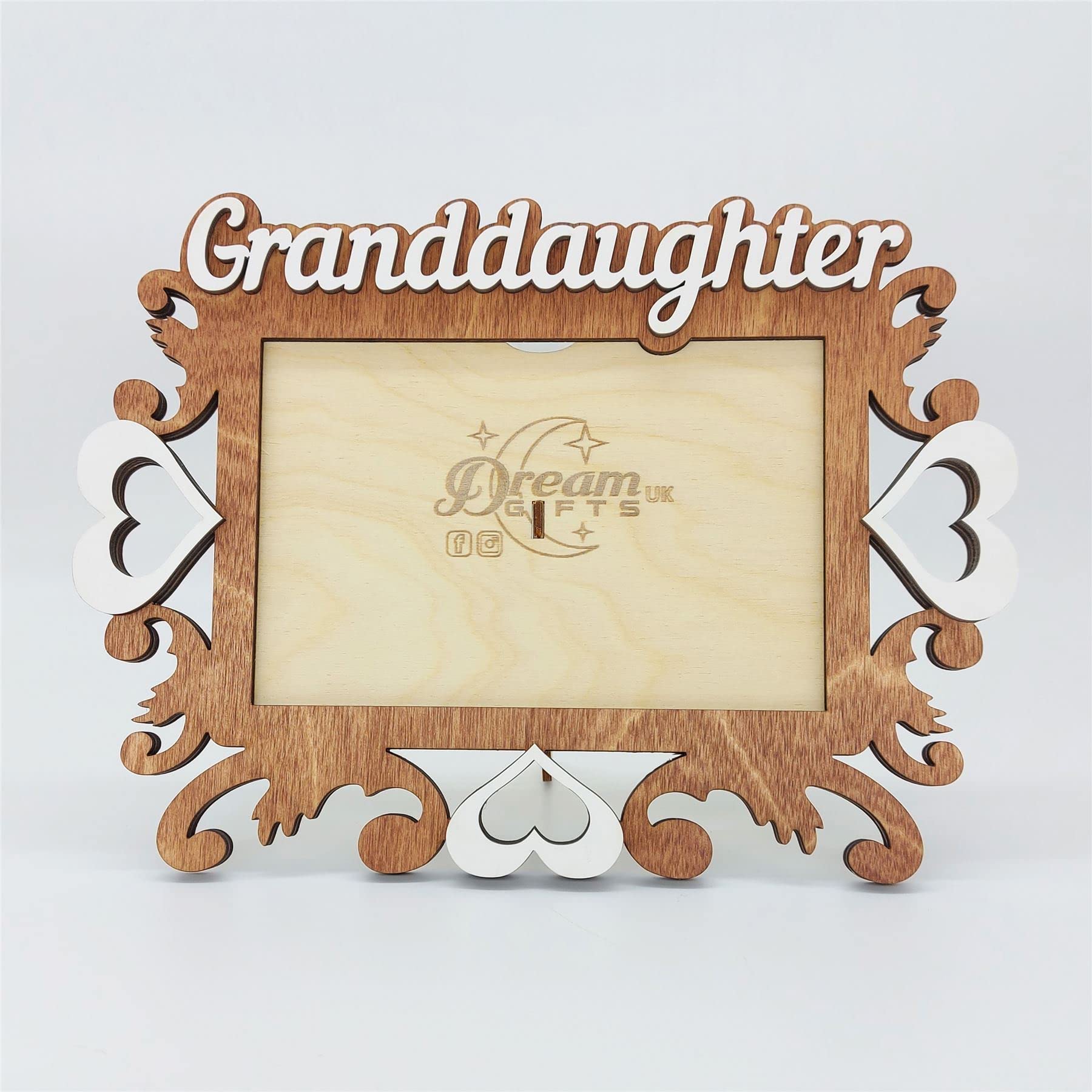 Granddaughter Baby Hand Made Wooden Photo Frame Gift for Tabletop or Wall - Hearts (Dark Wooden)