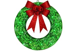 MONYPLAY Lighted Christmas Metal Wreath Detachable Tinsel Garland with Big Bow Sparkling Hanging Ornaments with Glittering Sequins for Indoor Outdoor Festive Home Decor (Green A, 30cm)