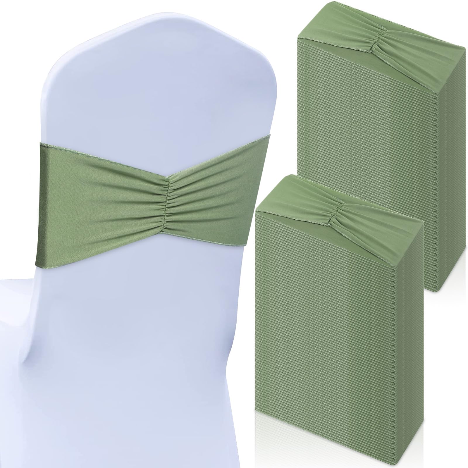 Photo 1 of Moukeren 50 Pcs Spandex Chair Sashes Bows Stretch Chair Bands Slider Sashes Elastic Ties Ribbon Covers for Wedding Party Events Ceremony Birthday Banquet Decorations (Sage Green)
