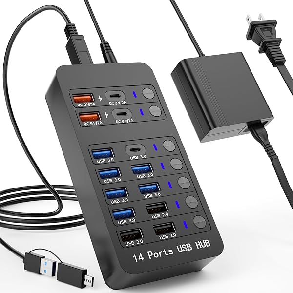 ZEROFFI POWERED USB HUB, 14 PORTS USB SPLITTER HUB (10 FASTER DATA TRANSFER PORTS+ 4 SMART USB CHARGING PORT) USB HUB WITH LED INDIVIDUAL ON/OFF SWITCHES FOR PC, LAPTOP, DESKTOP