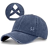 Criss Cross Ponytail Hat Women Washed Distressed Baseball Caps Adjustable High Messy Bun Ponycap