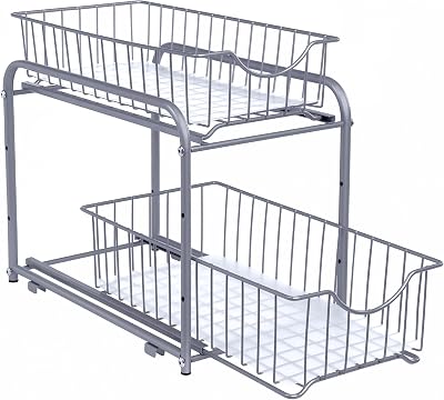 Rangement Sous Évier à 2 Niveaux en Acier, Tiroir Coulissant, Égouttoir à Vaisselle，Lot de 1, 36,9 x 21,6 x 27,2 cm, Gris, Collection Patalla KCS017E01