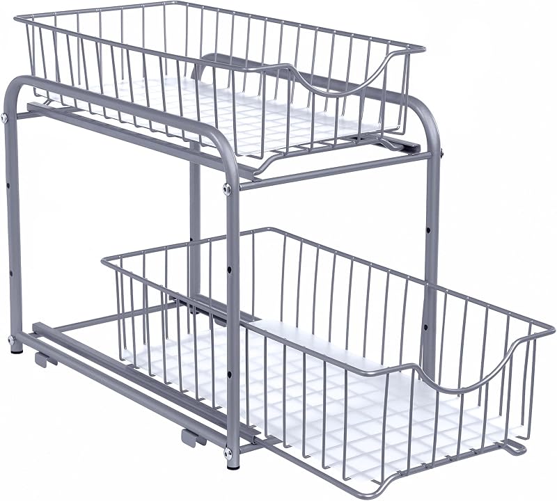 Rangement Sous Évier à 2 Niveaux en Acier, Tiroir Coulissant, Égouttoir à Vaisselle，Lot de 1, 36,9 x 21,6 x 27,2 cm, Gris, Collection Patalla KCS017E01
