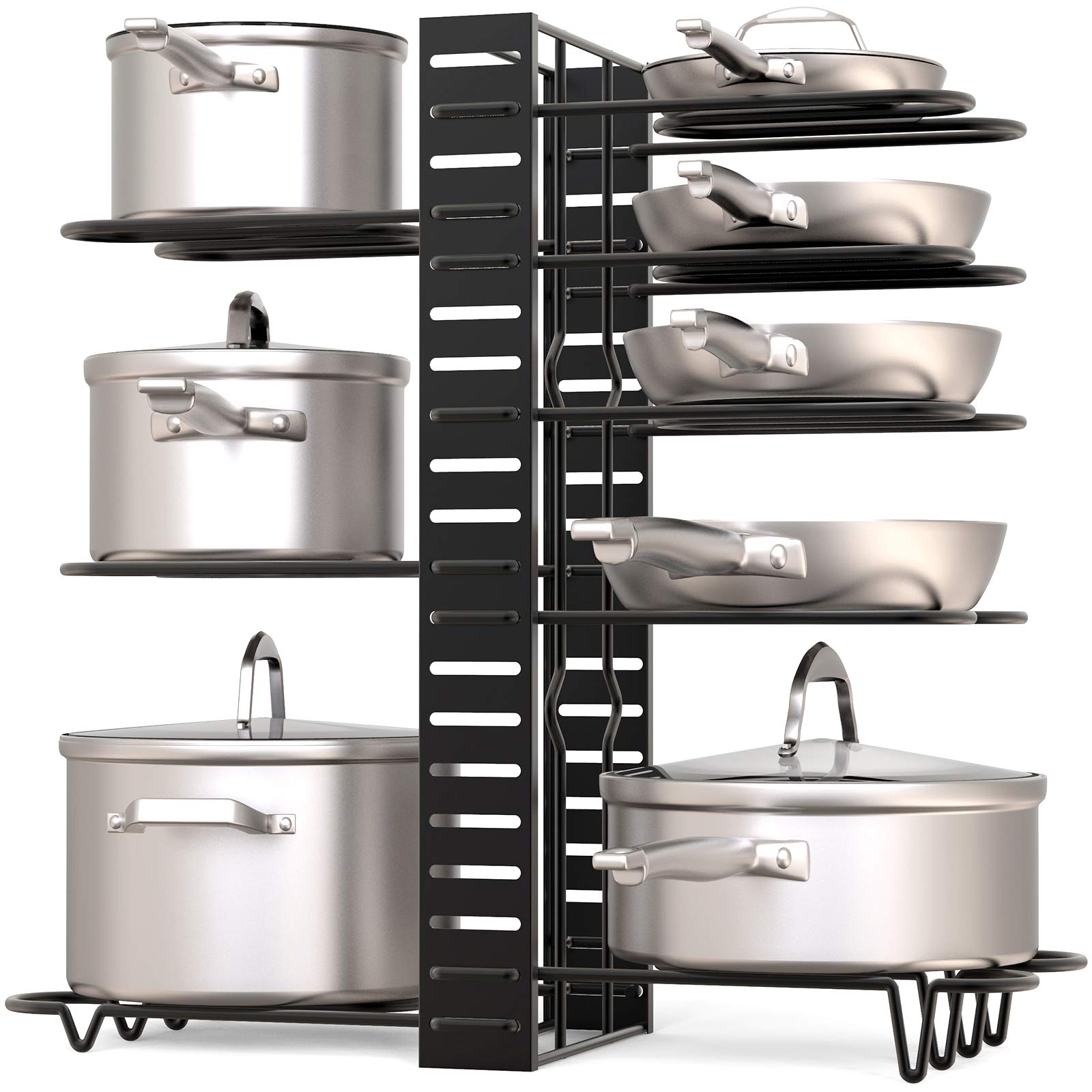 GeekDigg Pot Rack Organizer under Cabinet, 3 DIY Methods, Height and Position are Adjustable 8+ Pots Holder, Black Metal Kitchen Cabinet Pantry Pot Lid Holder (Upgraded Version)