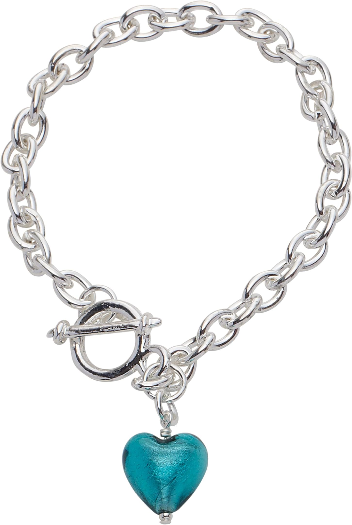 Silver Plated T Bar Bracelet with a Blue Genuine Murano Glass Heart, Length 20 cm