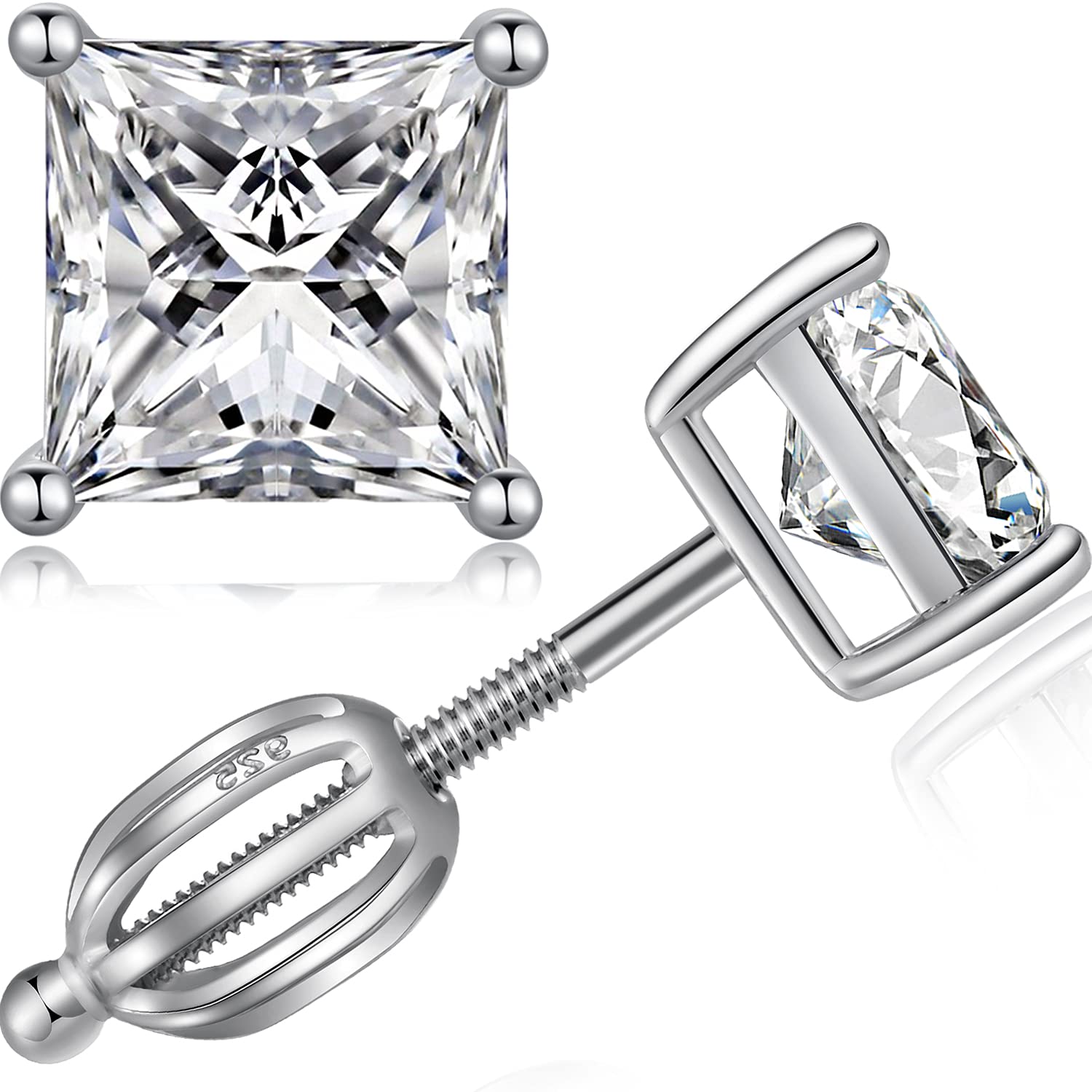 Stud Earrings Square Simulated Diamond CZ Screw Stud Earrings for Women Men Hypoallergenic 5mm