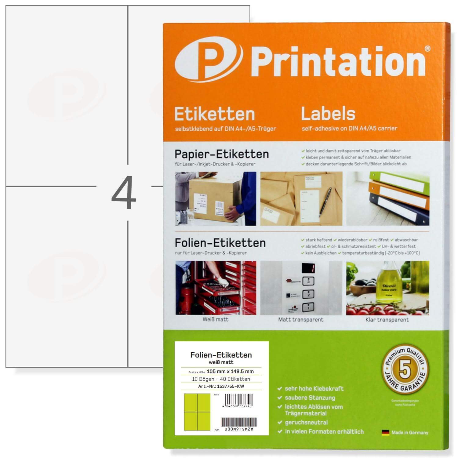 Printation 105 x 148.5 mm Weatherproof Film Labels 105 x 148.5 mm Matt White - 10 Sheets - 4 Labels Self-Adhesive per A4 Sheet A6 40 Adhesive Labels Printable 105 x 148.5 Laser Printer Waterproof