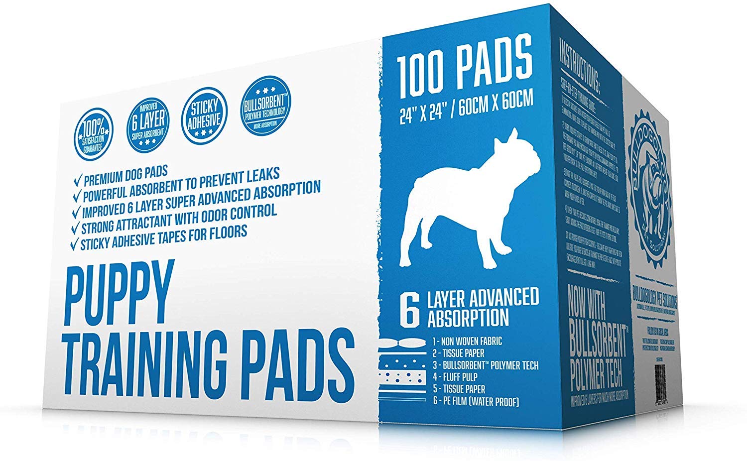 Bulldogology Premium Puppy Pee Pads with Adhesive Sticky Tape (24x24) Large Dog Training Wee Pads with 6 Layer Extra Quick Dry Bullsorbent Polymer Tech