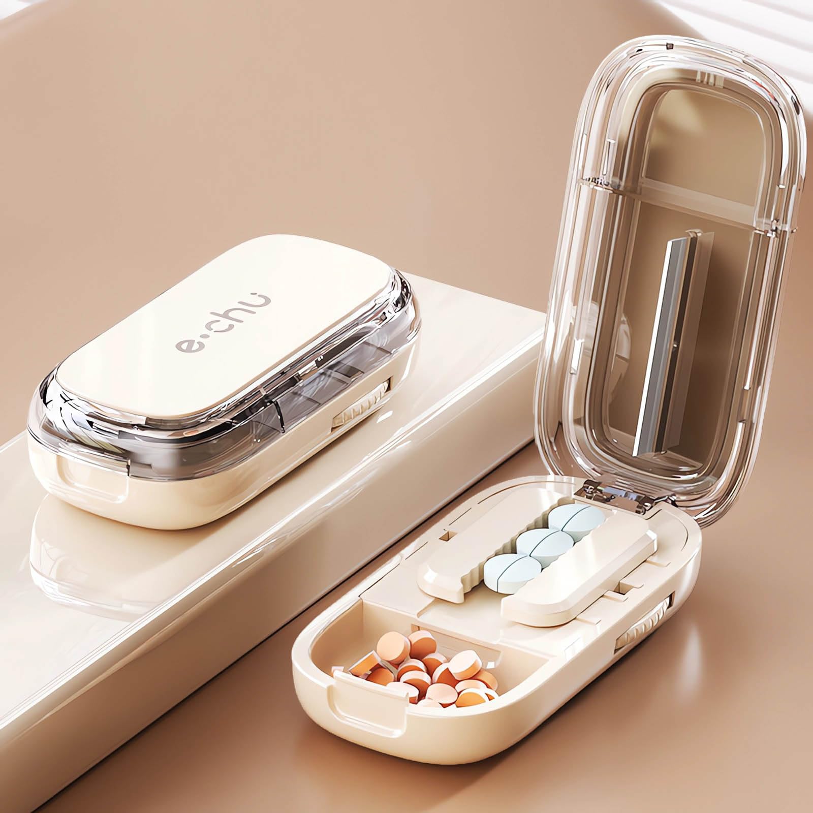 Ptyism Tablet Splitter for Multiple Pills(Off-White with Brush) Pill Cutter丨Pill Splitter,Tablet Splitter for Small or Large Pills Cut in Half, Cutting&Storage 2 in 1 Tablet Pill Dispenser for Travel