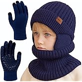 Kids Winter Beanie Hat Scarf Gloves Set 4-10Y, Knit Hat With Earmuffs Neck Gaiter Fleece Lined Touchscreen Gloves Boys Girls