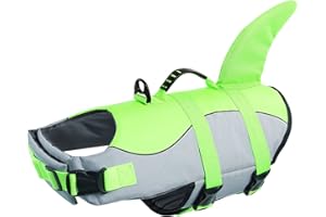 Queenmore Dog Life Jacket Ripstop Shark Dog Safety Vest Adjustable Preserver with High Buoyancy and Durable Rescue Handle for Small,Medium,Large Dogs, Green Shark X-Small