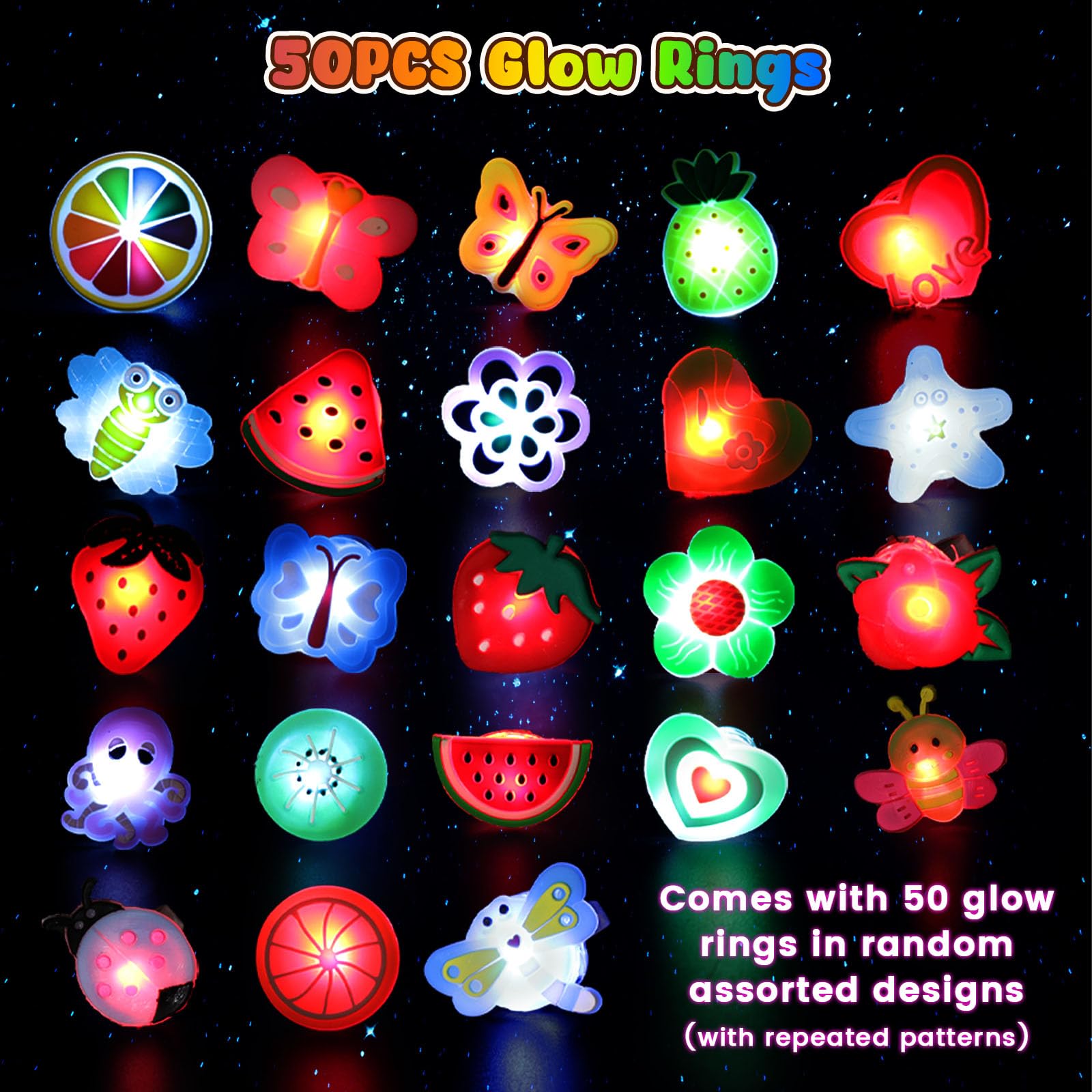 LovesTown 50PCS LED Light up Rings, Light up Toys for Kids Glow in the Dark Party Supplies Flashing for Halloween Christmas Birthday Party Favors Classroom Prizes Goodie Bag Fillers