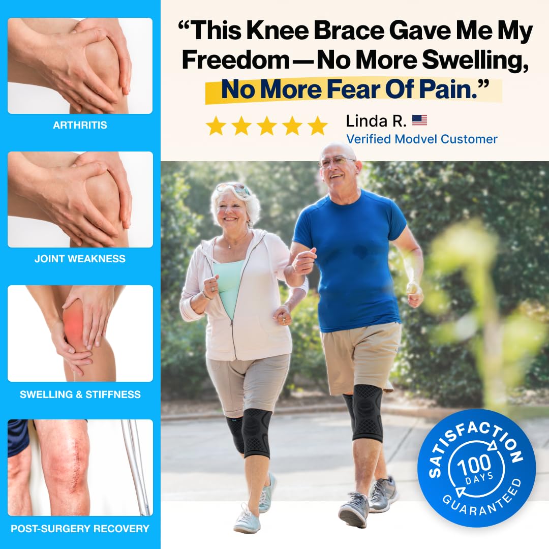 Modvel 2 Pack Knee Brace for Women & Men - Workout Knees Compression Sleeve for Knee Pain Relief Joint Support for ACL, Arthritis, Meniscus Tear Knees Brace for Sports, Rodilleras para Gym Fitness