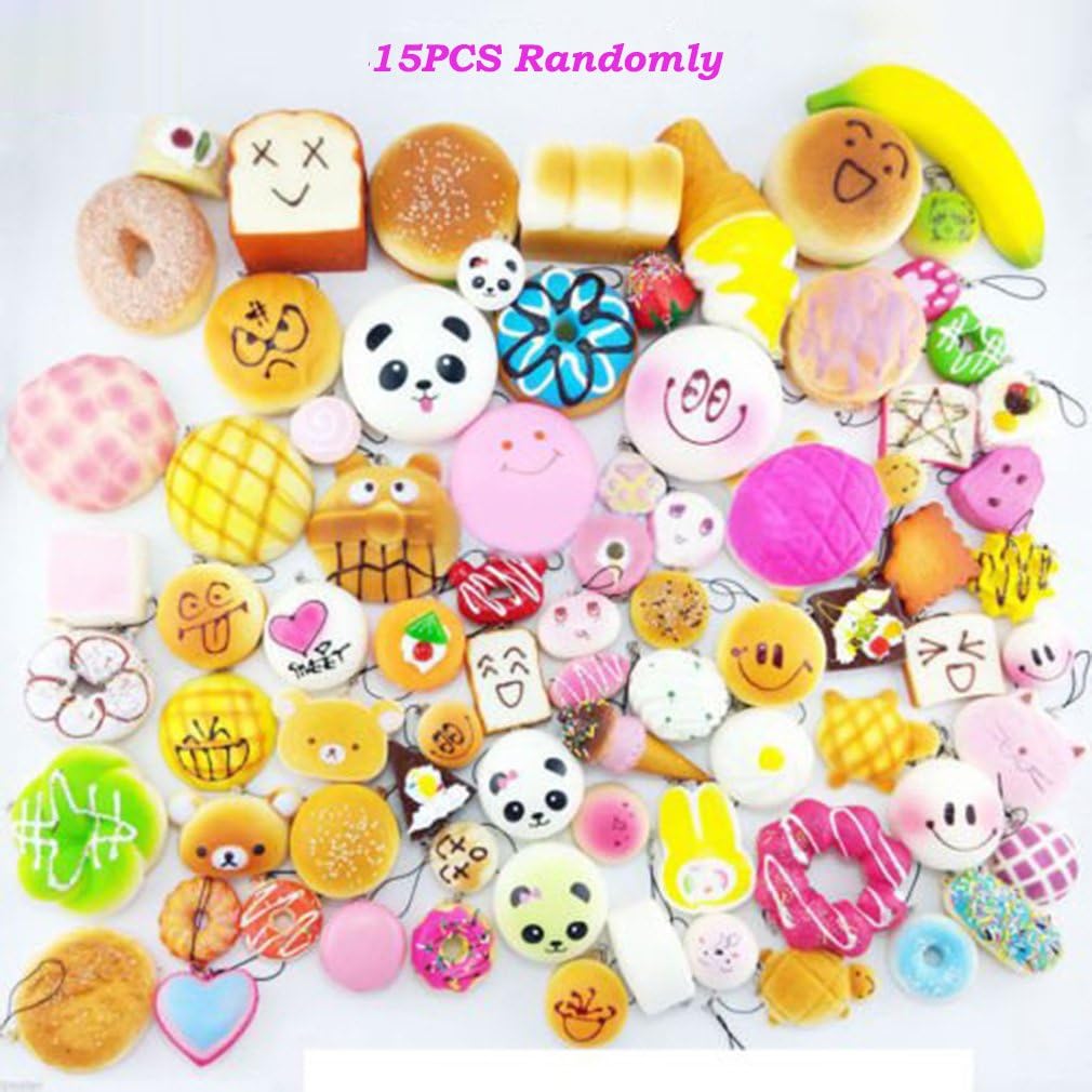 Longstar 15pcs Random Kawaii Rilakkuma Panda Cupcakes Toasts Buns Donuts Squishy Soft Cell Phone Charm Bread Key Chain Strap