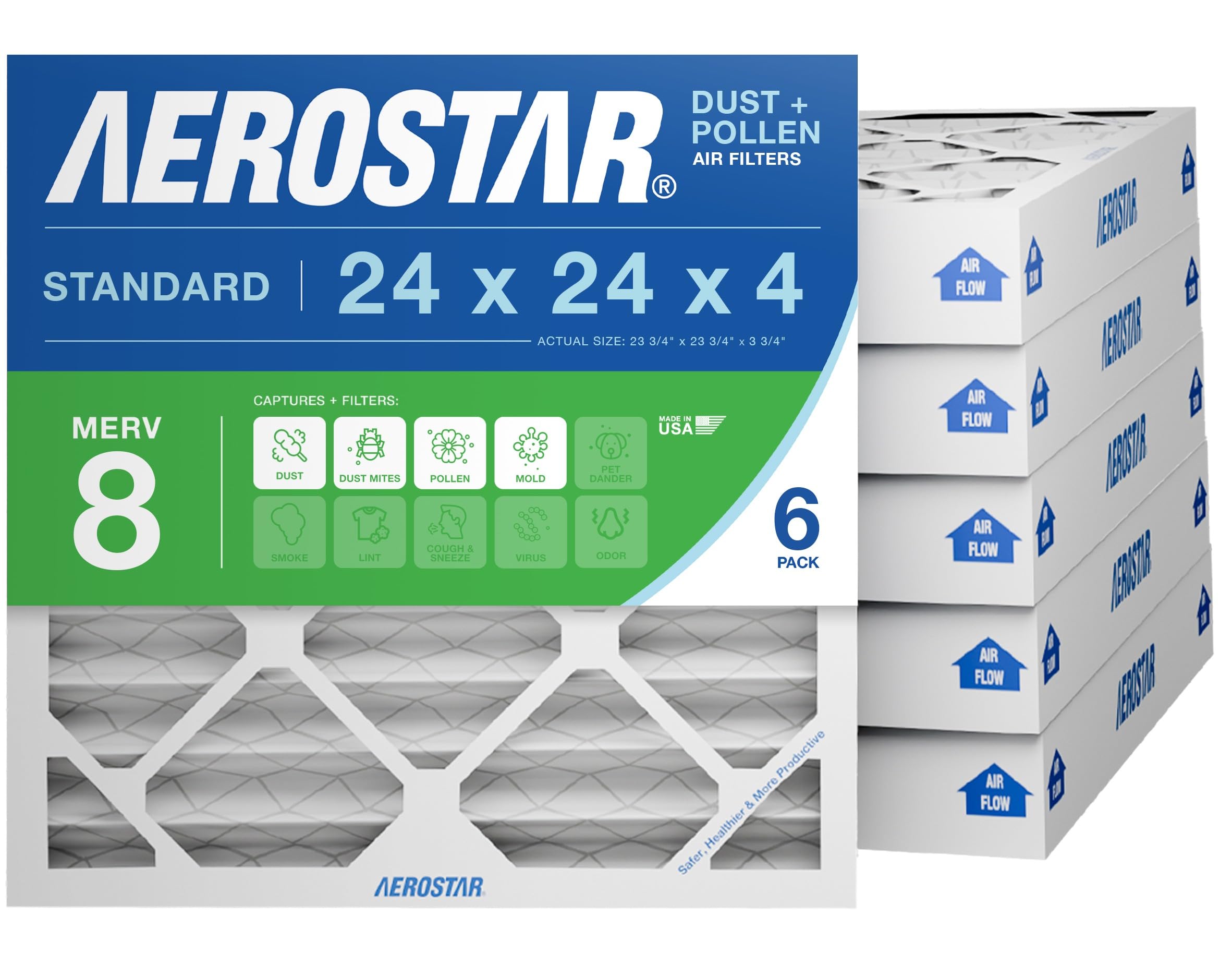 Aerostar 24x24x4 MERV 8 - 6 Count - High Efficiency Pleated HVAC, Furnace & Air Conditioner Filters - Removes Dust, Lint, Mold & Allergy-Causing Pollen Image