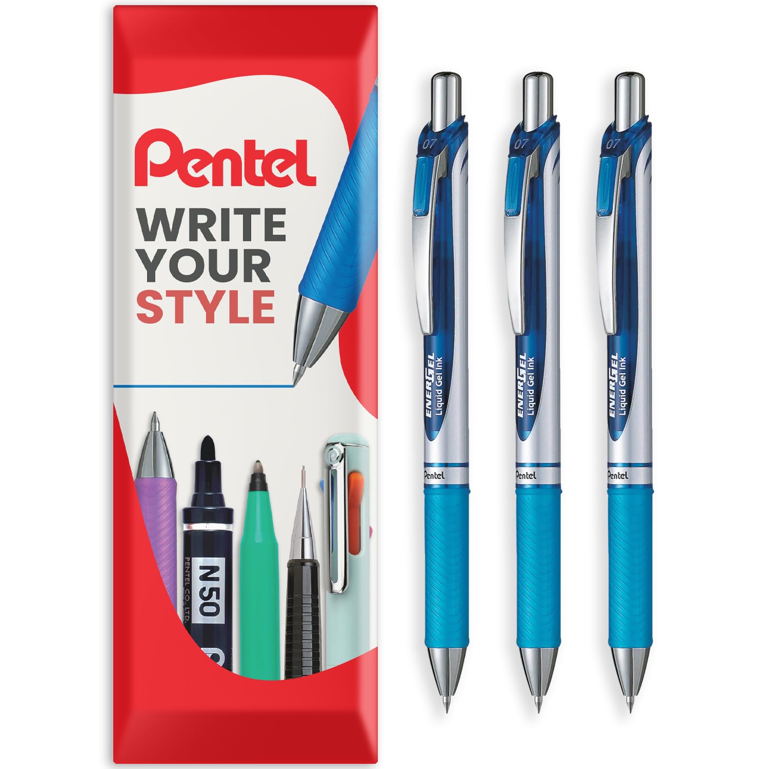 Pentel EnerGel XM BL77 - Retractable Liquid Gel Ink Pen - 0.7mm - 54% Recycled - In Pillow Packaging - Pack of 3 - Sky Blue