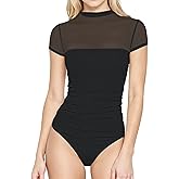 Veugol Women Turtleneck Mesh Bodysuit Short Sleeve Sheer Mock Neck Body Suit Tops Sexy Ruched Going Out Thong Leotard