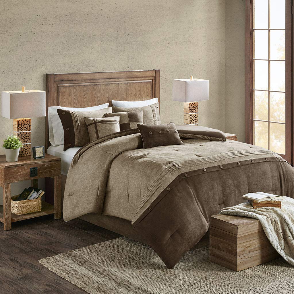 Photo 1 of Madison Park Boone Cozy Comforter Set, Faux Suede, Deluxe Hotel Styling All Season Down Alternative Bedding Matching Shams, Decorative Pillow, King (104 in x 92 in), Rustic Brown 7 Piece