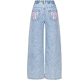 BEAUDRM Girl's Graphic Baggy Jeans Y2k Ripped Straight Leg Denim Pants with Pockets