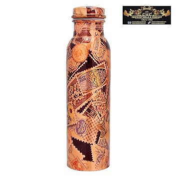 CROCKERY WALA AND COMPANY Joint-free Leak Proof Printed Copper Water Bottle, 1 Litre, Copper