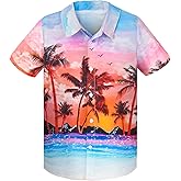 Boy's Button Down Hawaiian Shirts Short Sleeve Cool Cartoon Print Aloha Dress Tops T-Shirt for Kids 7-12T