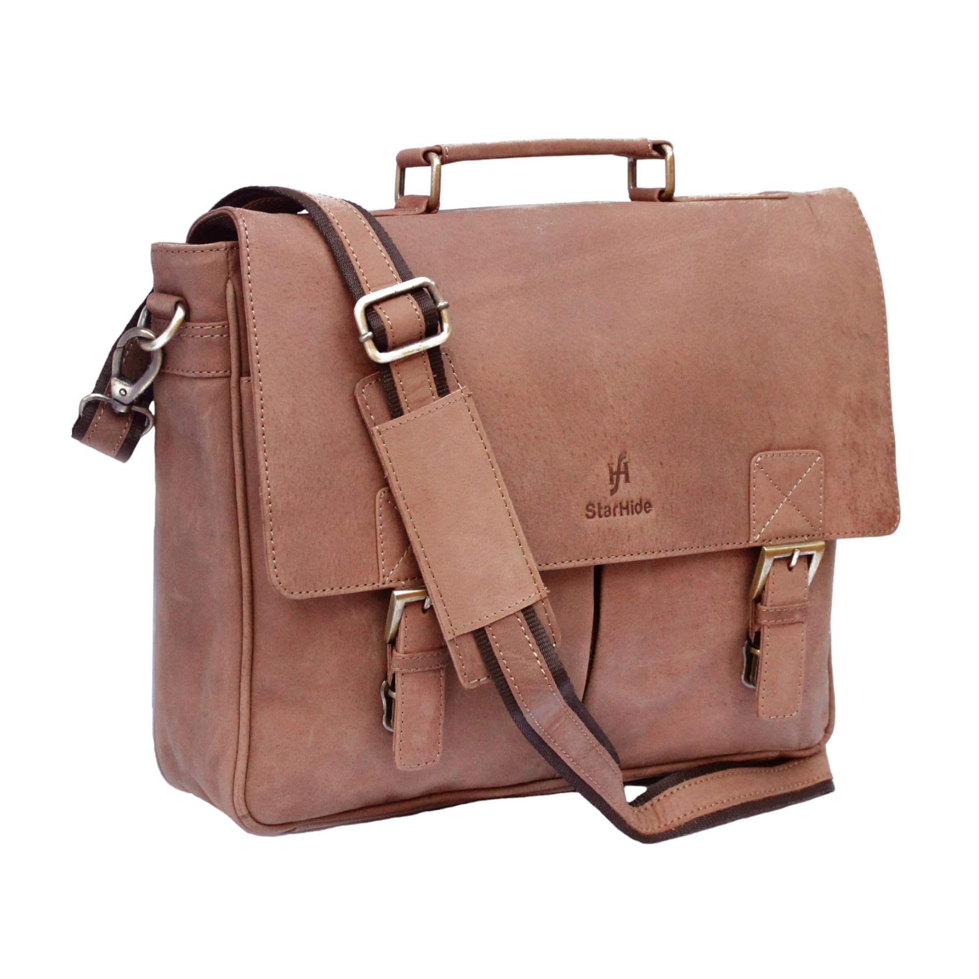 STARHIDE 15.5" Laptop Genuine Distressed Hunter Leather Top Handle Shoulder Messenger Travel Bag Adjustable Strap 535 Brown