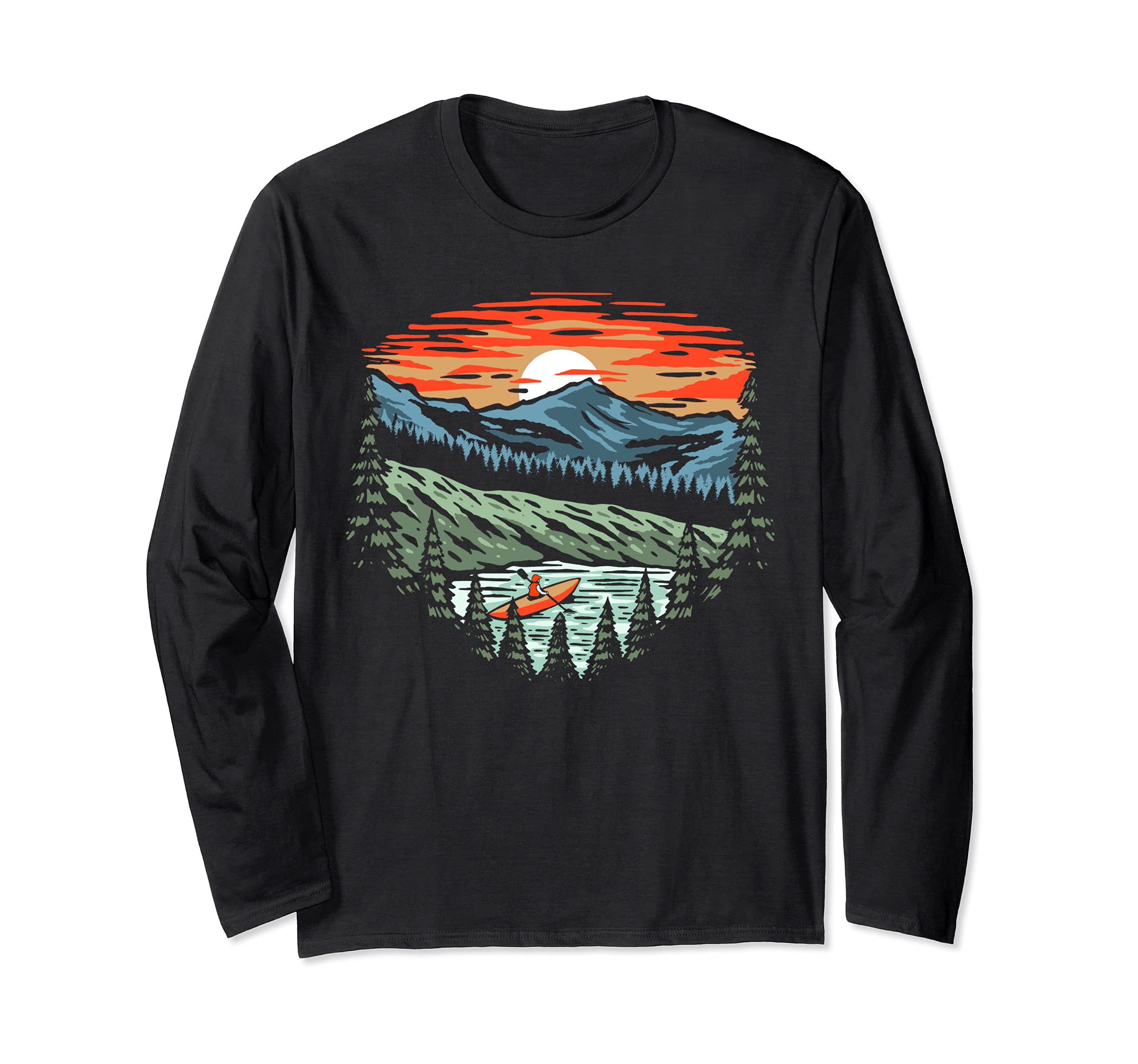Kayaker Trees & Mountains Paddling Kayak Vintage Paddling Long Sleeve T-Shirt