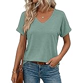 EADINVE Womens V Neck Rolled Sleeve T Shirts Curved Hem Short Sleeve Tops Summer Trendy Tees Loose Fit Tunic Shirts 2026