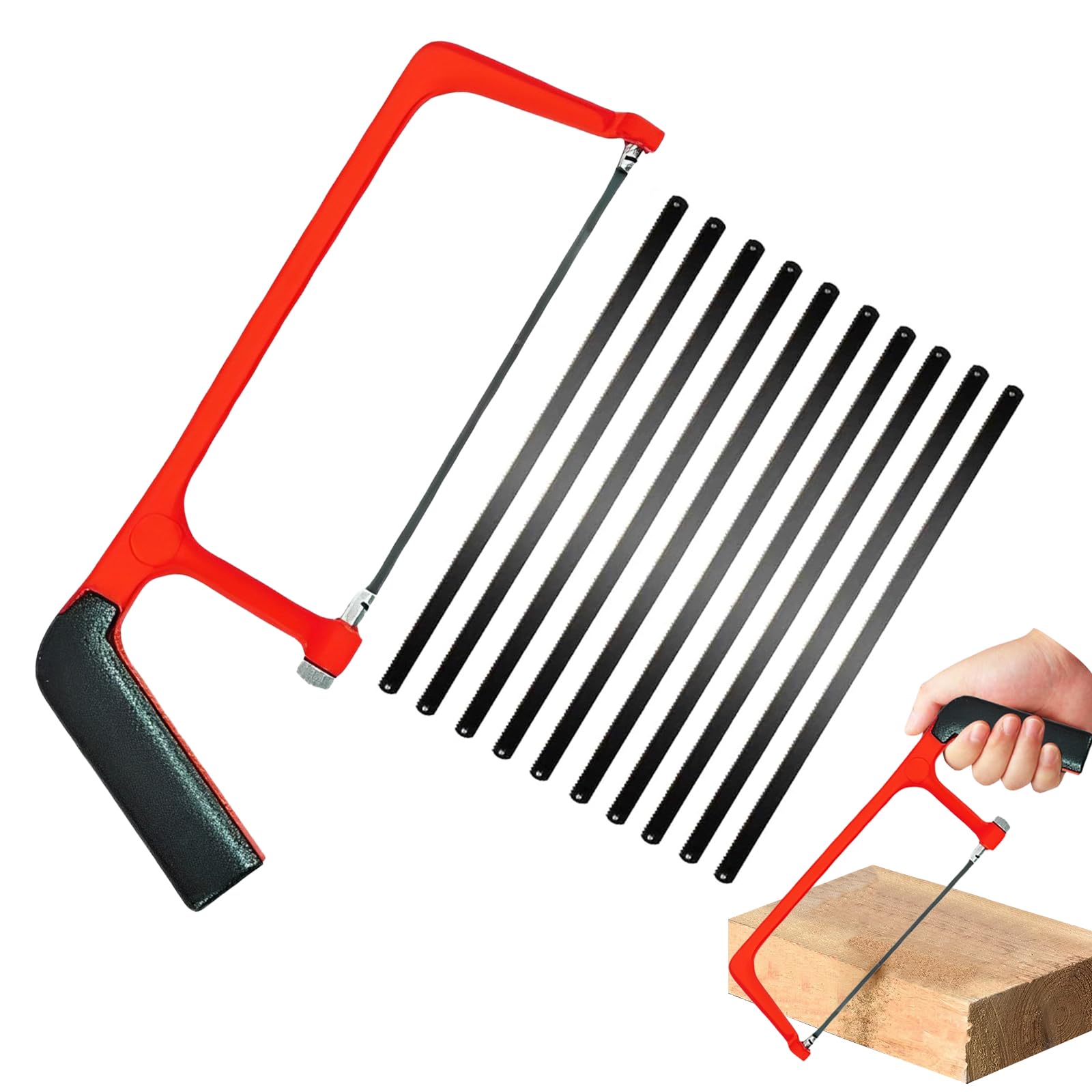 Small Hacksaw Set With 10 Exchangeable Blades, Red Black Adjustable Angle Mini Saw, Professional Heavy Duty Metal Cutting Tool for Plastic, PVC Pipe, Shingles & Wood