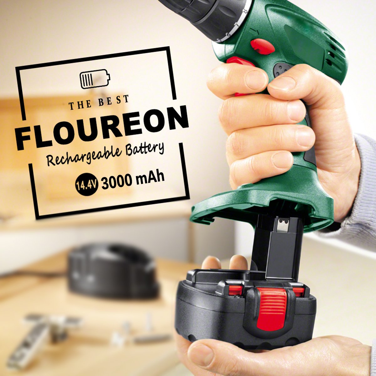 FLOUREON 14.4V 3000mAh Ni-MH Replacement Battery for Bosch 13614 15614 1661 22614 32614 3660K 52314 AHS 41 ART 26 PSR 14.4 PSR Bosch BAT038 BAT040 BAT041 BAT159 2607335275 2607335533 2607335264