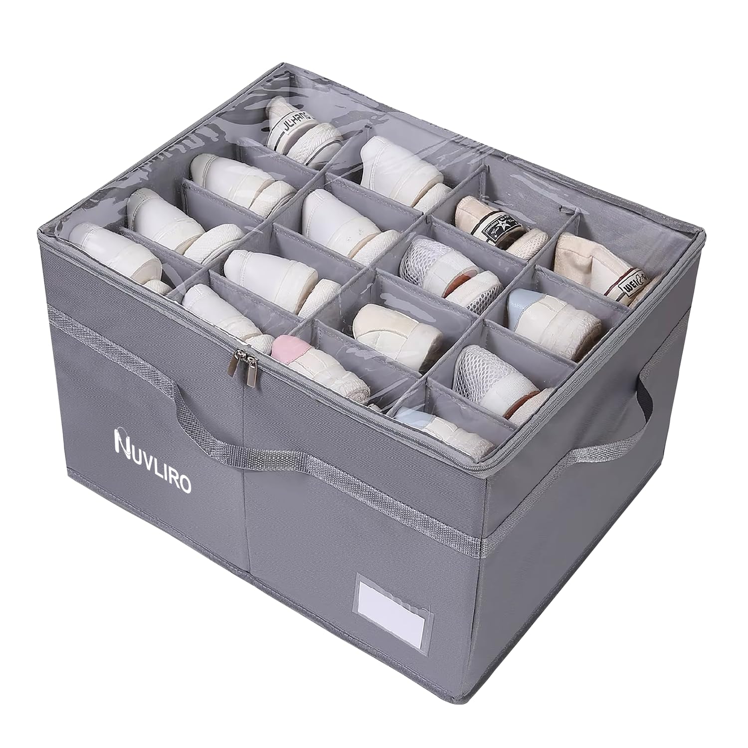 NUVLIRO Foldable Shoe Storage Box 16 Pair Shoe Organiser with Adjustable Dividers Visible Cover and Handles - Dustproof Space Saver Easily Assemble Shoe Racks Storage with Handle
