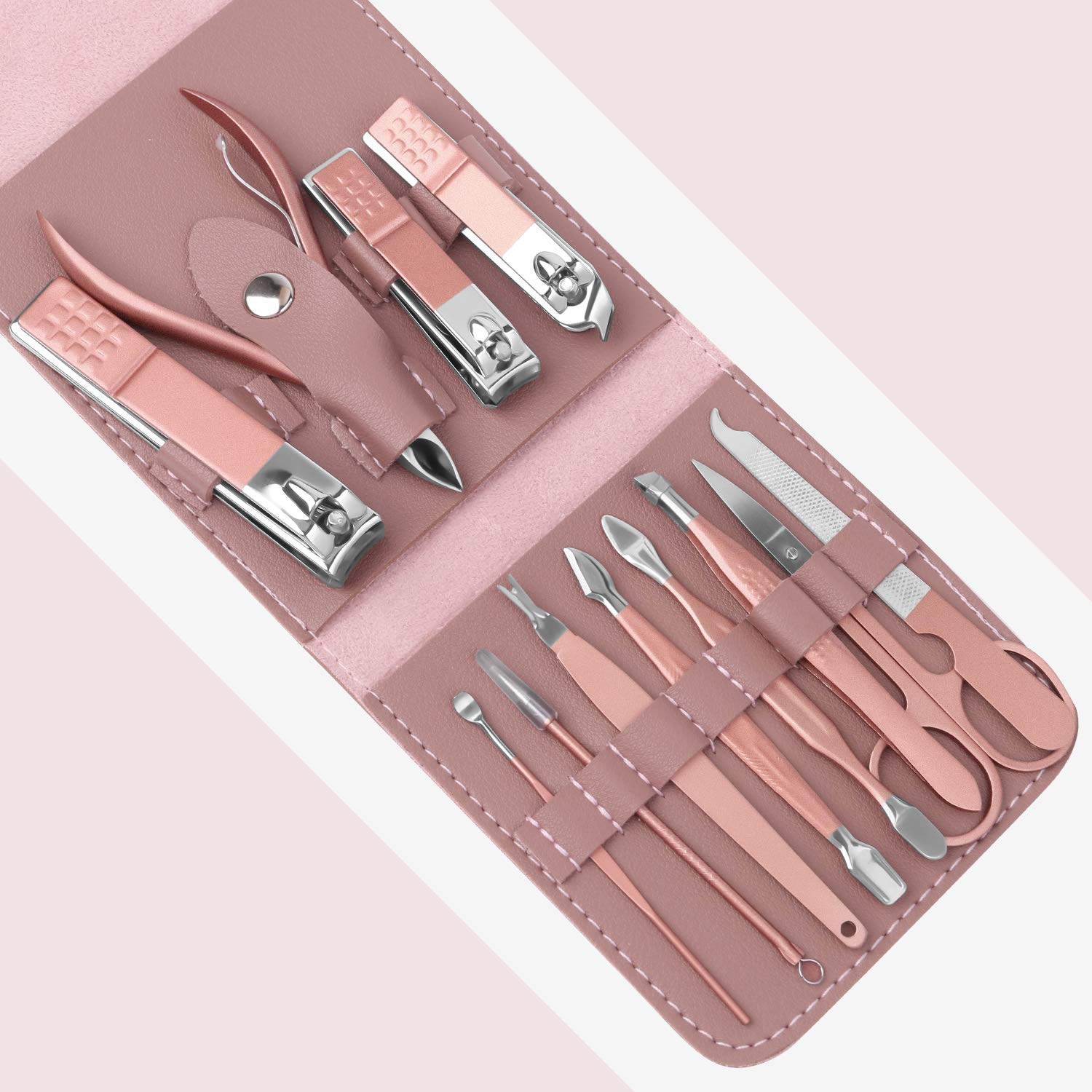 Teamkio 12PCS Manicure Set for Women, Stainless Steel Pink Nail Care Kit, Nail Grooming Kit with Leather Storage Case : Beauty
