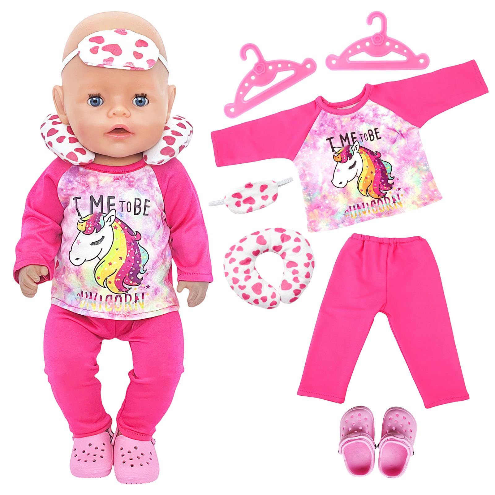 Atomvia Doll Clothes Outfits for 14–18 Inch Baby Dolls, 35–45cm Rose Pink Pony Long Sleeve Top & Pants with Neck Pillow Eye Mask Set Shoes & Hangers (No Doll)