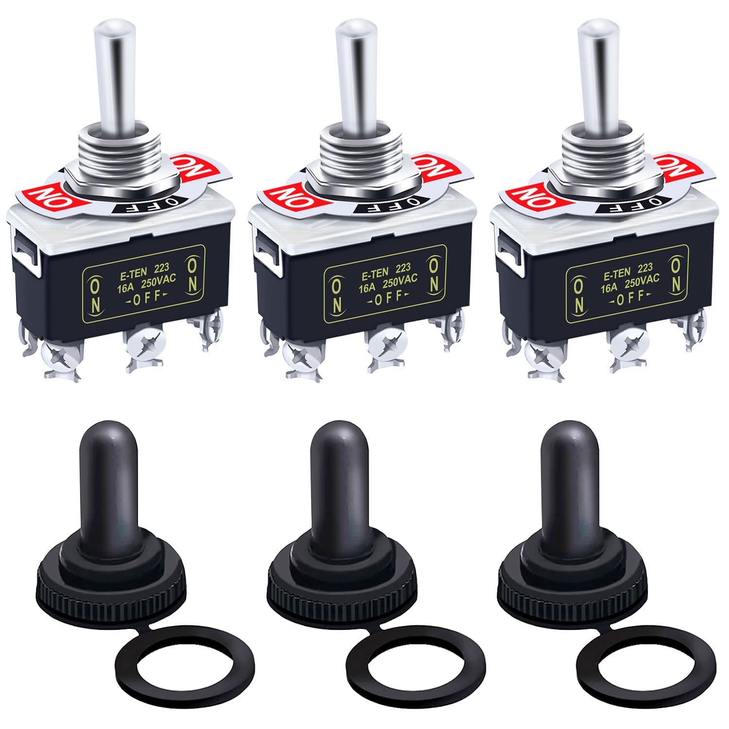 mxuteuk 3Pcs Heavy Duty Rocker Momentary Toggle Switch 20A 125V DPDT 3 Position 6 Pin (ON)-Off-(ON) Switch with Metal Bat Waterproof Cap, 2 Years Warranty Ten-223-3mz-B223