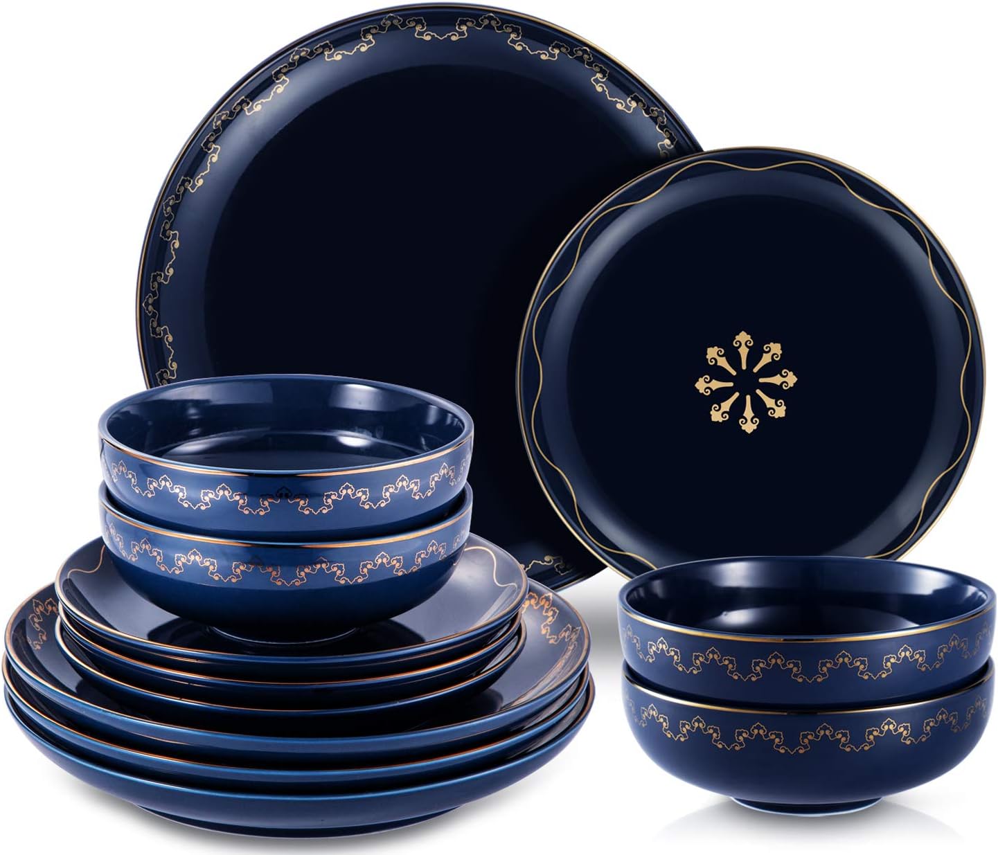 SULIVES Dinner Sets Ceramic Kitchen Dinnerware Set 12 Pieces Navy Blue