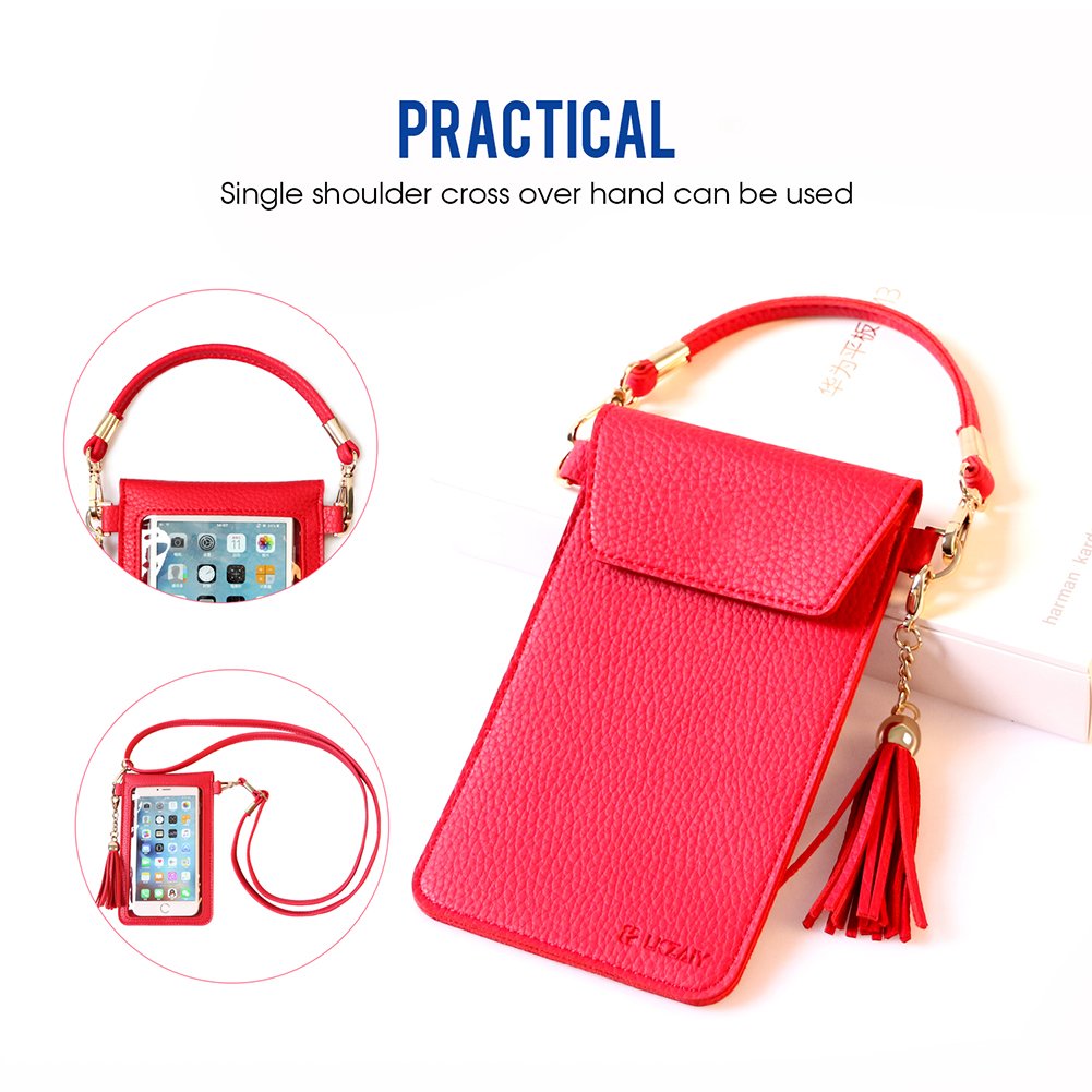 LKZAIY PU Leather Crossbody Bag Mini Phone Pouch with Shoulder Strap for iPhone 7 Plus, 6S Plus, 6 Plus, 7, 6S, 6, 5S, 5C, Samsung S8, S7 Edge, S6 Edge+, S6, S5, S4, J3, J7 (Red)