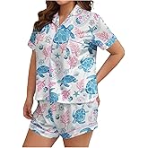 WDIRARA Women's Plus Size Sea Turtle 2 Piece Pajama Set Cute Short Sleeve Button Down Shorts Pjs Sleepwear