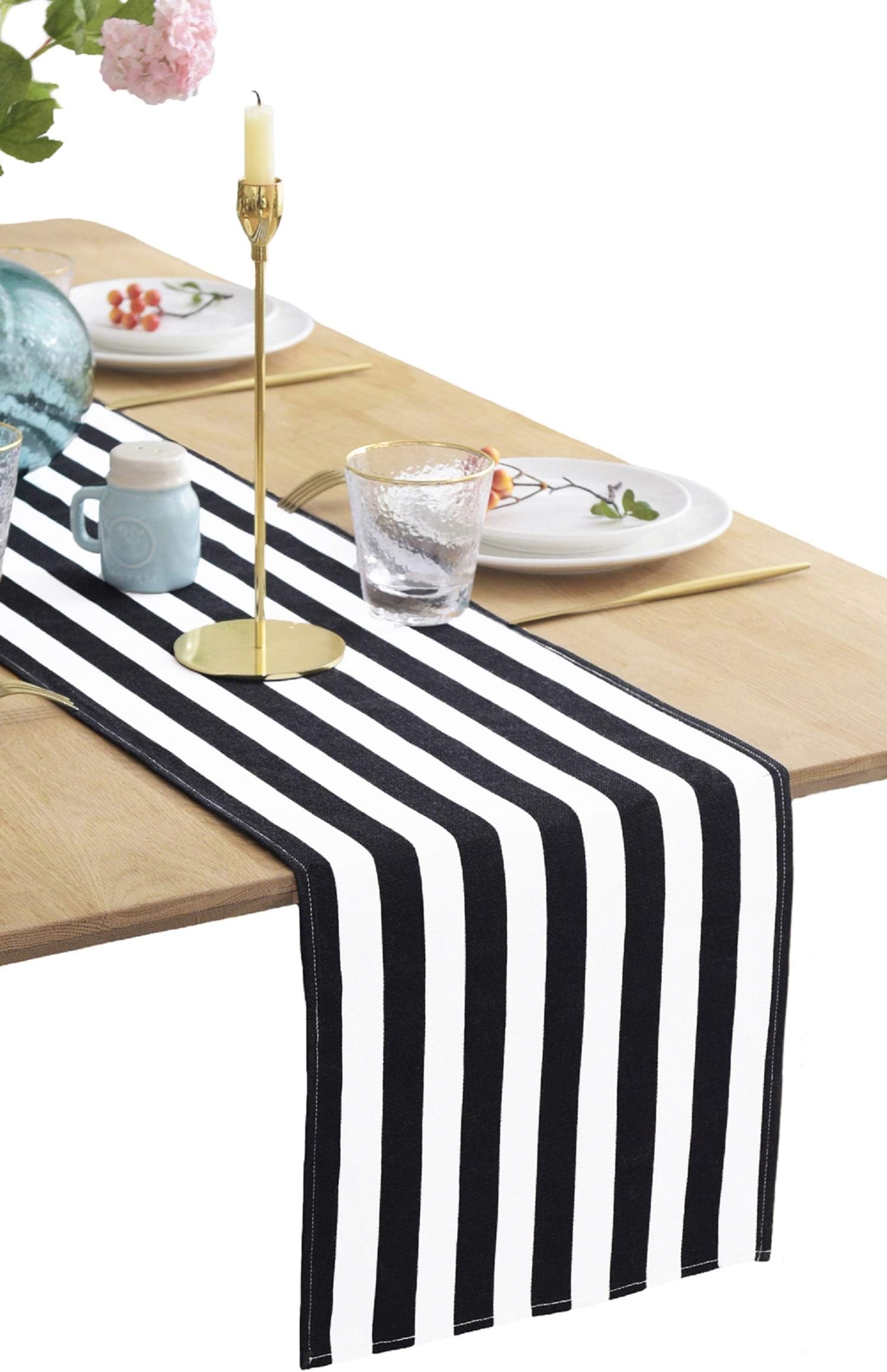 BOXAN Classical Sustained Black and White Striped Table Runner - 12" x 108" / 9FT, Cotton Modern Style Stripe Table Cloth for Wedding Party Dinner Table Decor