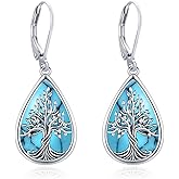 LOOVE Sterling Silver Tree of Life/Flower/Bee/Animals/Cat/Hummingbird Dangle Earrings Moonstone Turquoise Drop Leverback Earrings Jewelry Gifts