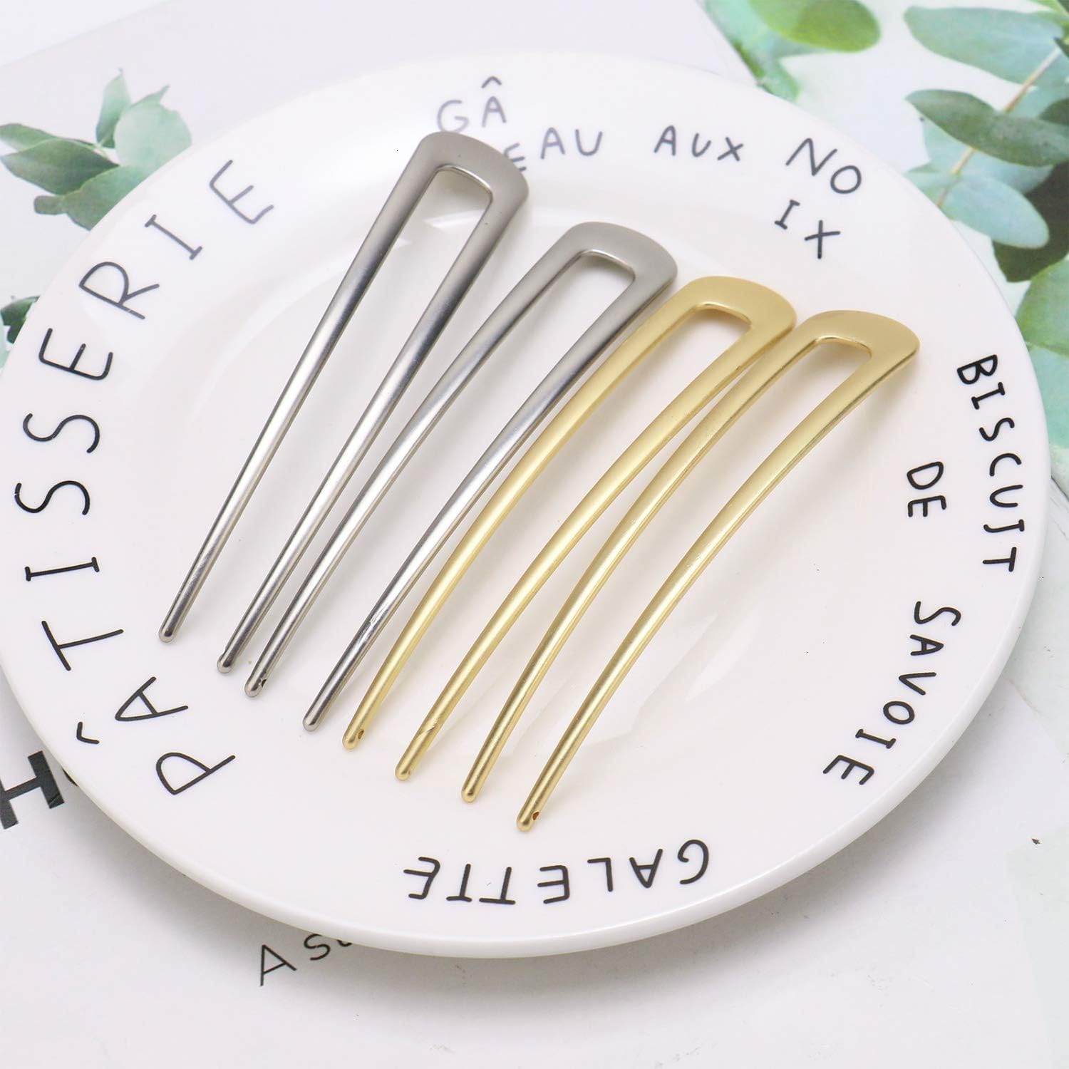 JETEHO 4 Pack Simple Metal U Shaped Hair Pin Fork Sticks 2 Prong Updo Chignon Pins,Silver and Gold: Home & Kitchen