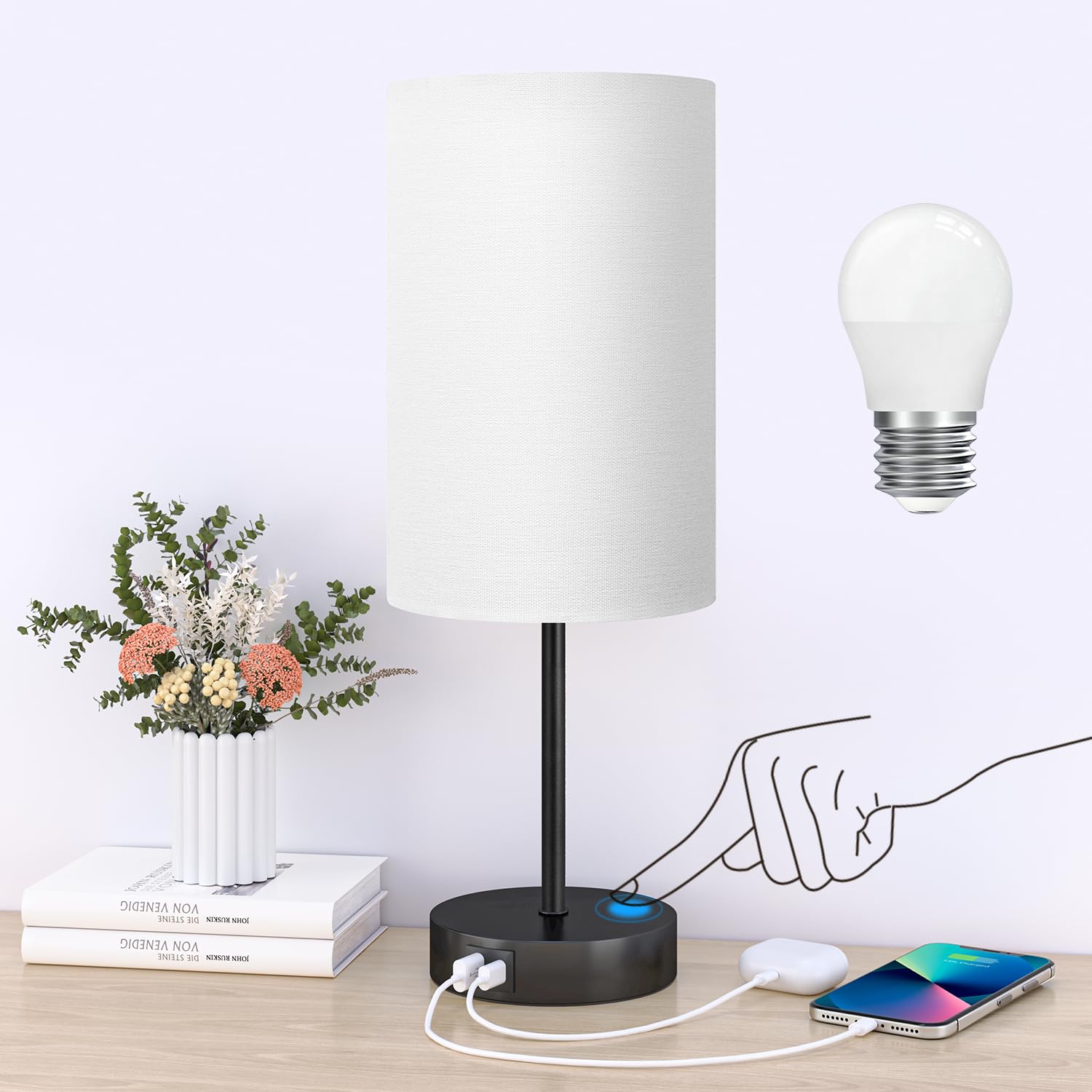 Photo 1 of AKASUKI 18Inch Table Lamp with Dual Charging Station, 3 Way Dimmable Touch Lamp for Bedroom, Living Room, Office(LED Bulb Included)