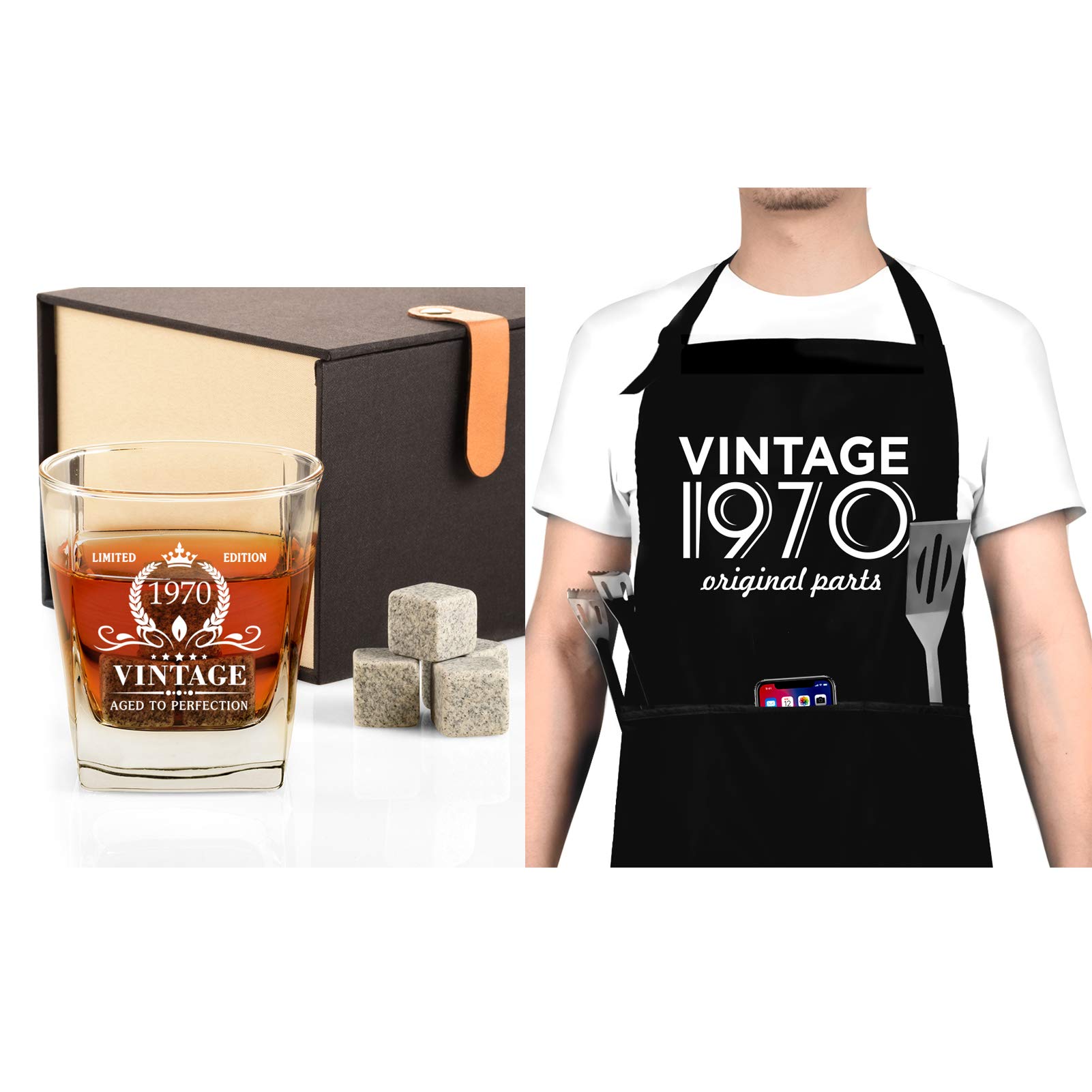 50th Birthday Gifts for Men, Vintage 1970 Whiskey Glass and Apron Funny 50 Birthday Gift for Dad Hus