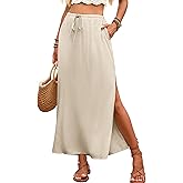 ELLEVEN Linen Straight Maxi Skirt with Side Slit - Elastic Waist Drawstring Long Flowy Ankle-Length Skirt with Pockets