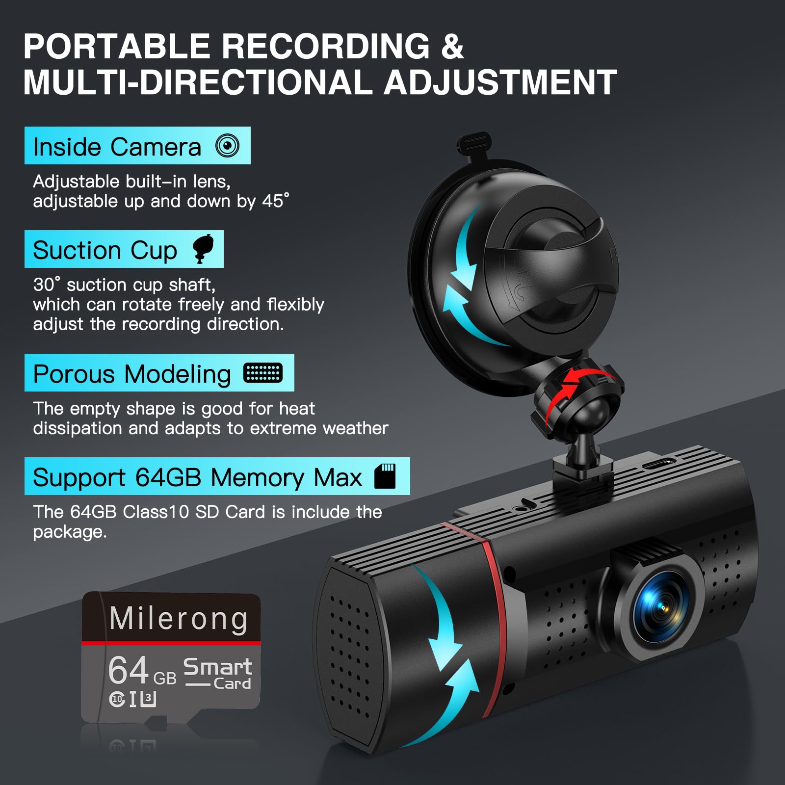 3 Channel Dash Cam Front and Rear Inside with 64GB Card,Milerong 1080P Dash Camera for Cars,Dashcam Three Way Triple Car Camera with IR Night Vision,Loop Recording,G-Sensor,24H Parking Mode…