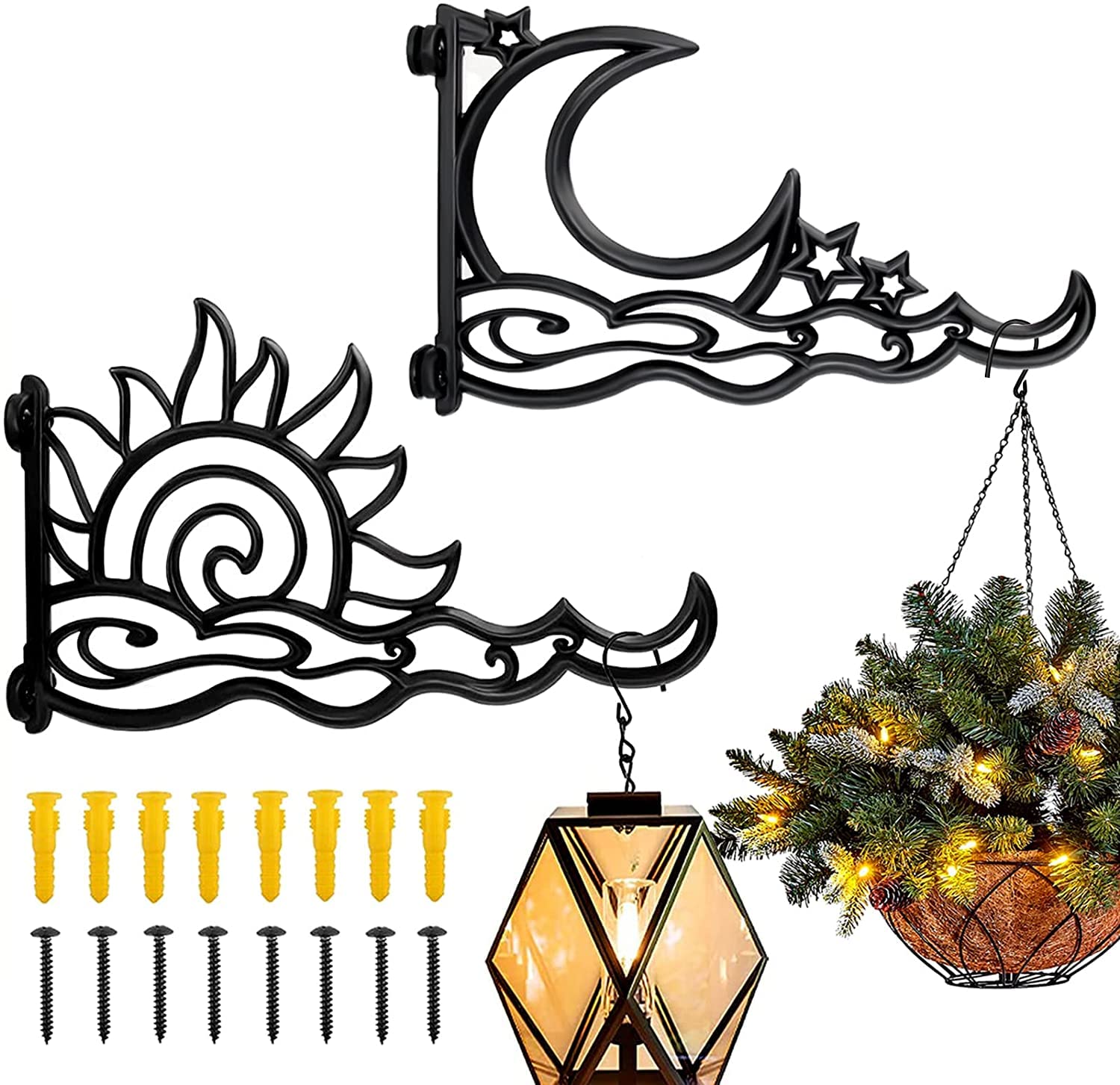 BNGGOGO Heavy Duty Hanging Plant Bracket, Moon & Sun Shape Solid Aluminum Plant Hanger, Durable Rust-Resistant Wall Mount Hooks for Hanging Plants Bird Feeder Lanterns Wind Chimes